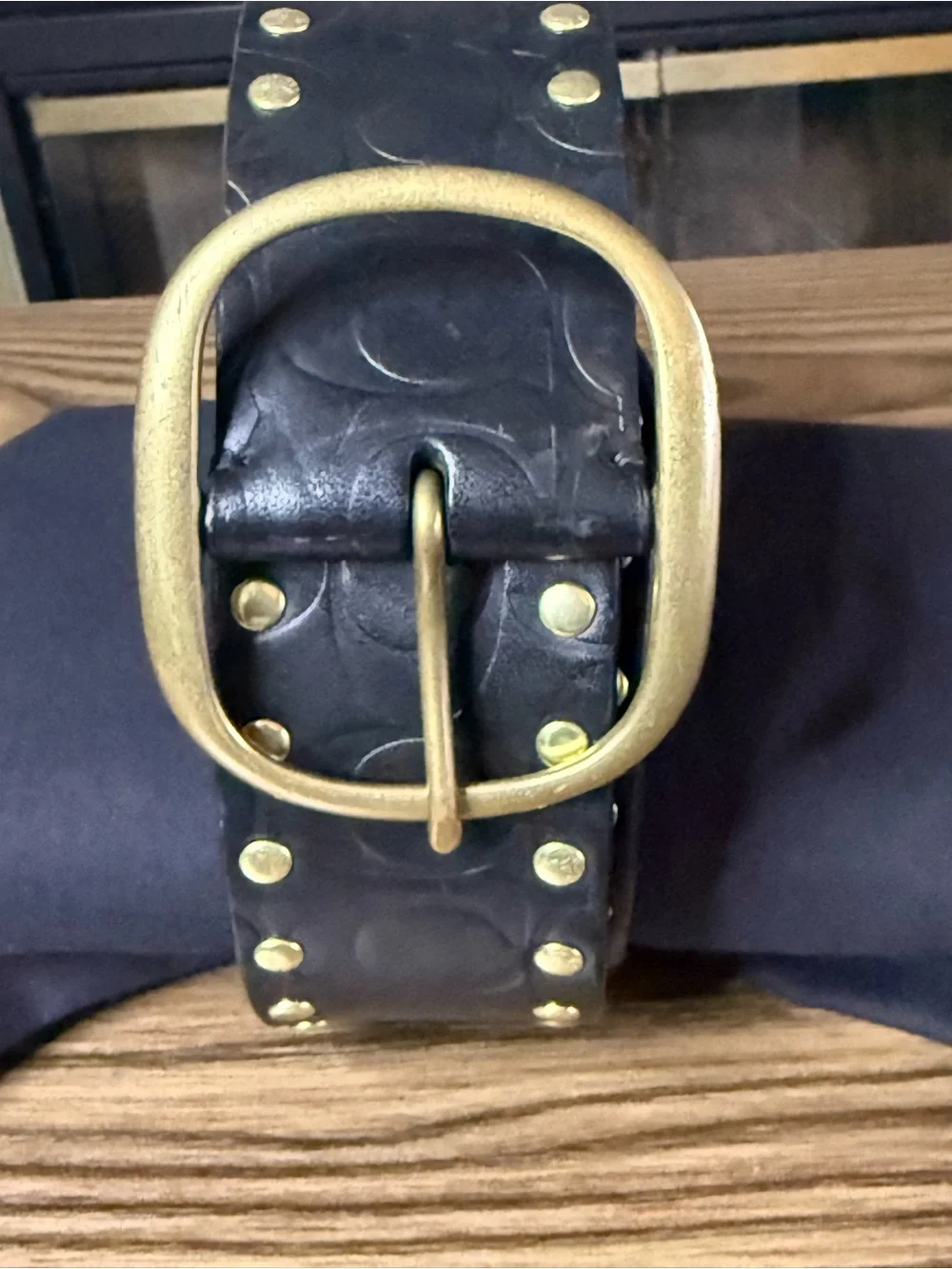 Coach Studded Black Leather Belt Brass Buckle Gold Tone Studs Size Sm 30-34”